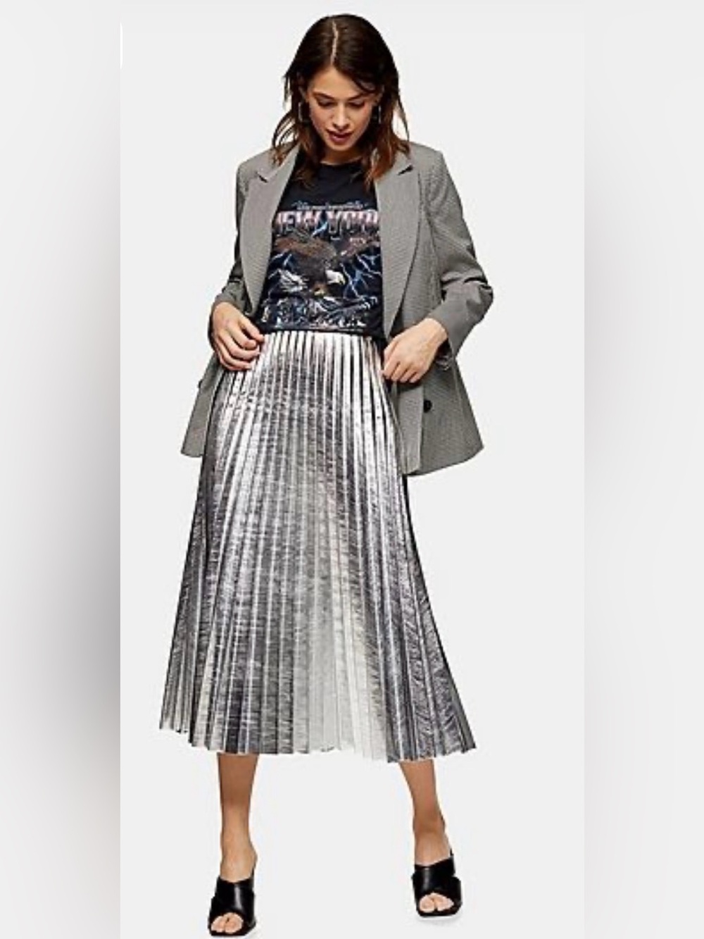 NWT Topshop Metallic Silver Pleated Midi Faux Vegan Leather Skirt Shiny Foil